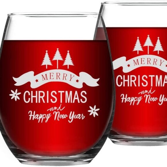MERRY CHRISTMAS STEMLESS WINE GLASSES SET 2 - Picture 3 of 8